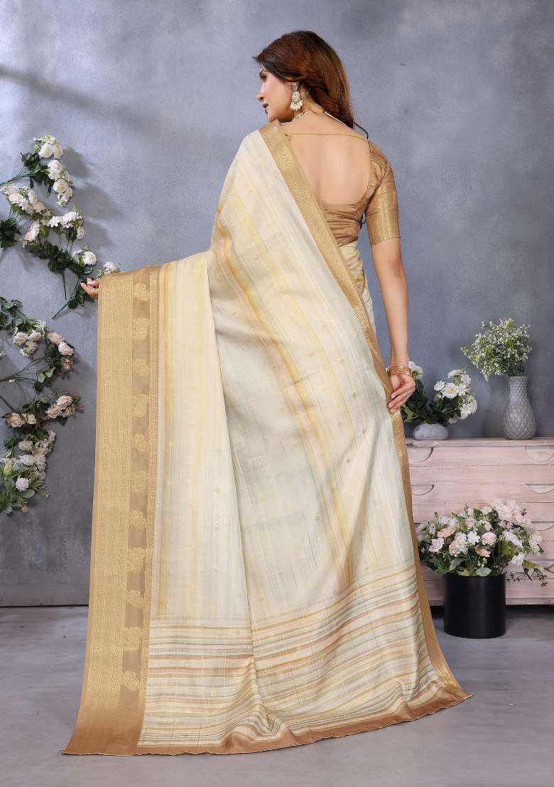 Cream Digital Print Dola Saree Set - Indya