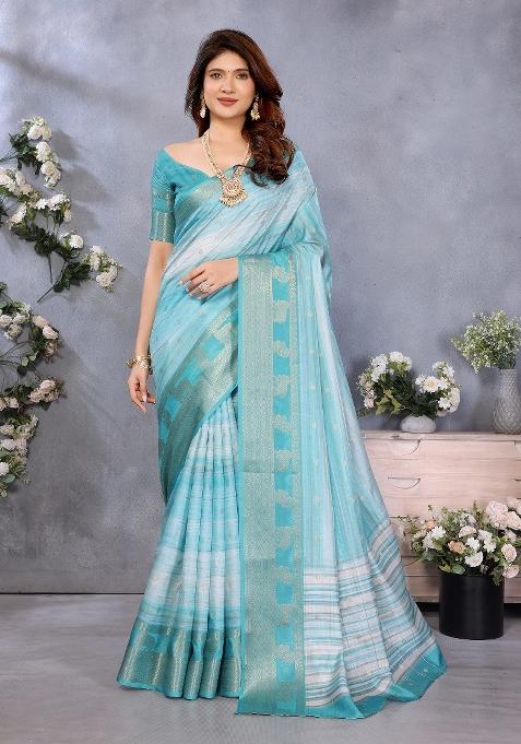 Sky Blue Digital Print Dola Saree Set