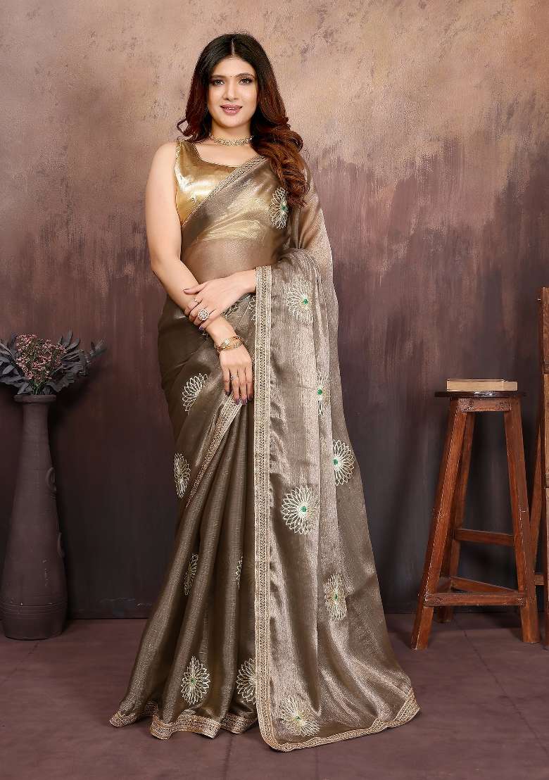 Grey Gota Patti Work Jimmy Choo Saree Set - Indya