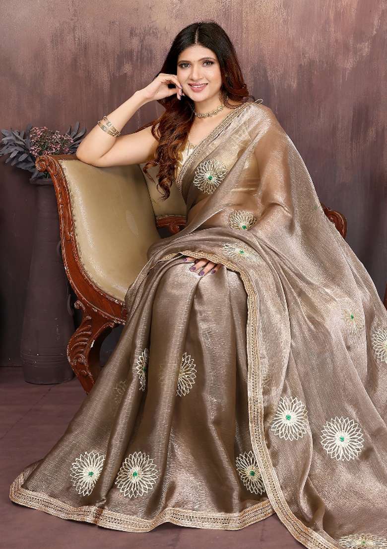 Grey Gota Patti Work Jimmy Choo Saree Set - Indya