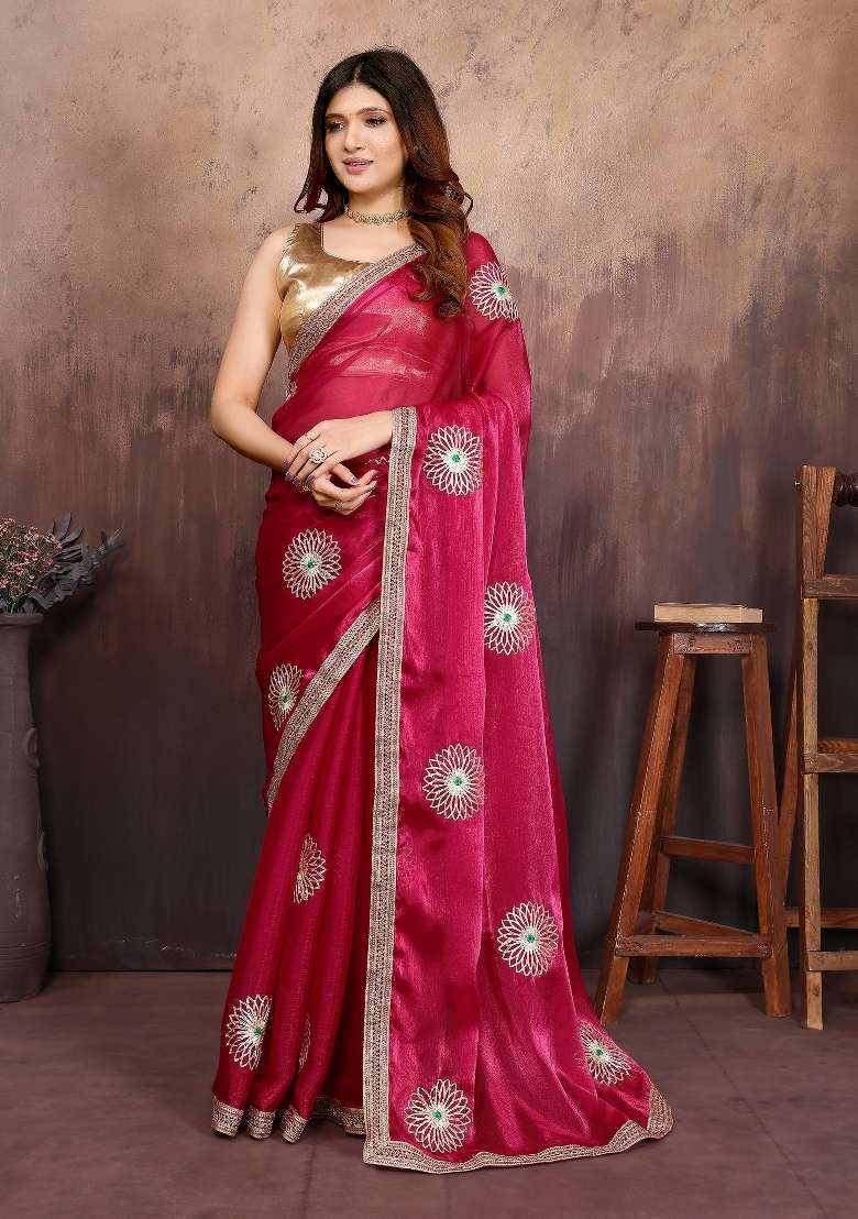 Maroon Gota Patti Work Jimmy Choo Saree Set - Indya