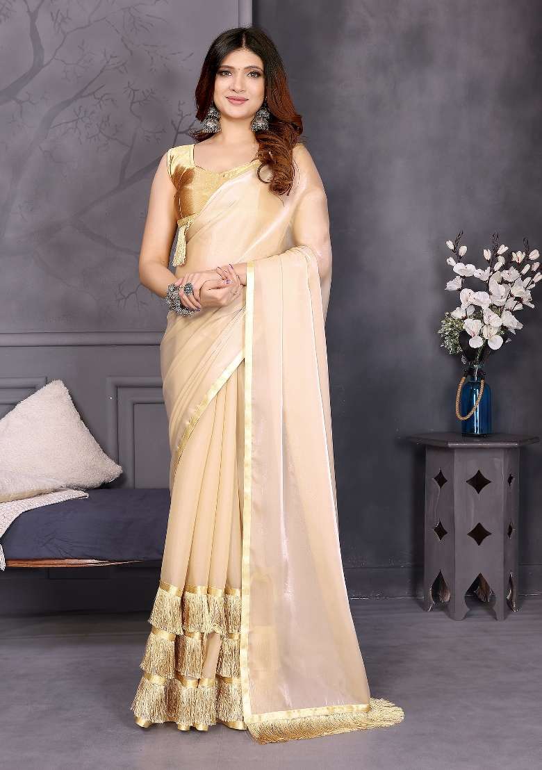 Cream Resham Sutra Work Jimmy Choo Saree Set - Indya