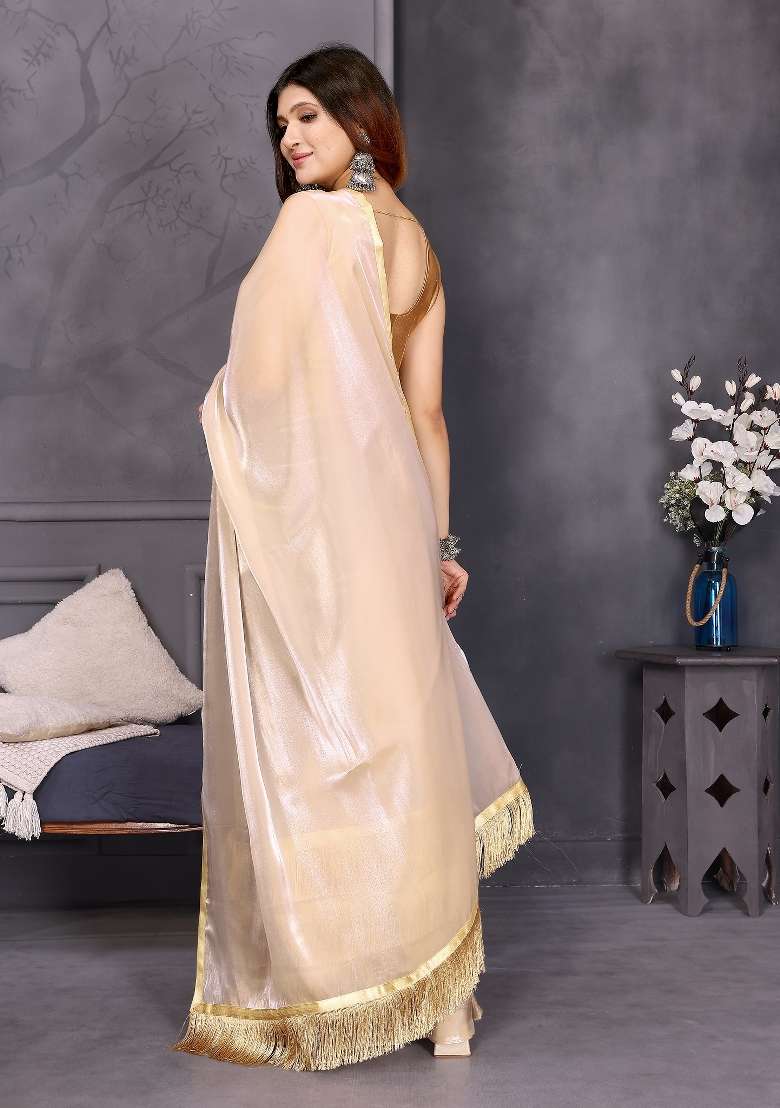 Cream Resham Sutra Work Jimmy Choo Saree Set - Indya