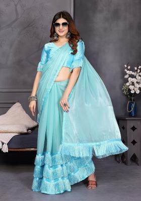 Sky Blue Resham Sutra Work Jimmy Choo Saree Set