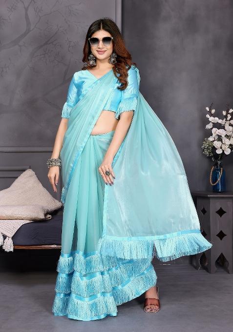 Sky Blue Resham Sutra Work Jimmy Choo Saree Set