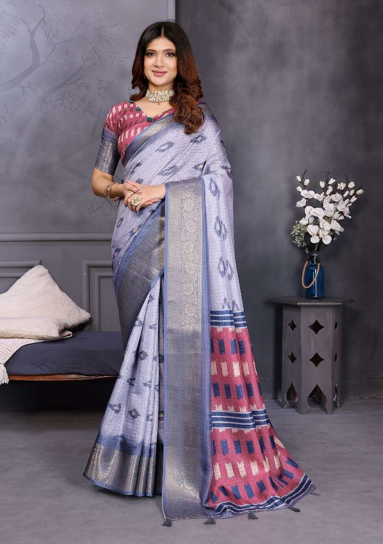 Blue Digital Print Dola Saree Set - Indya