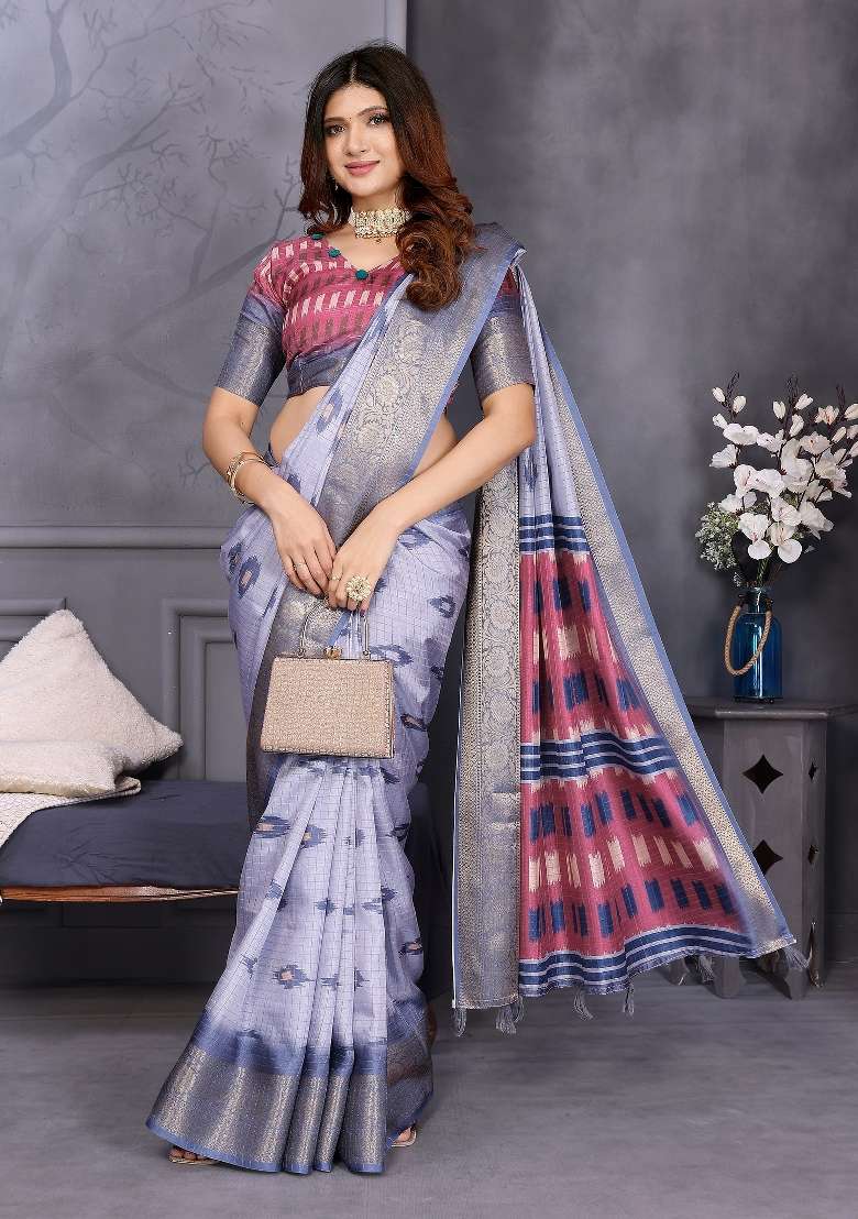 Blue Digital Print Dola Saree Set - Indya