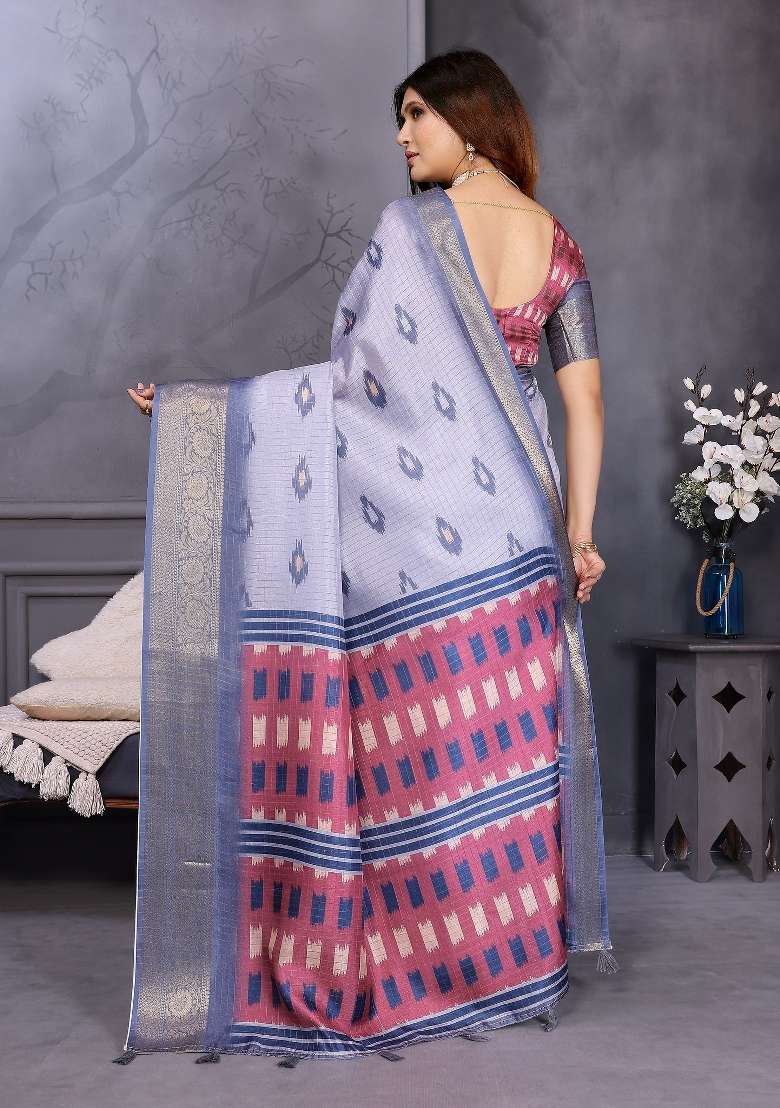 Blue Digital Print Dola Saree Set - Indya