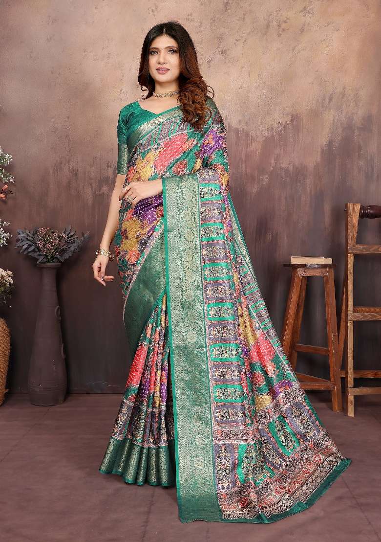Green Digital Print Dola Saree Set - Indya
