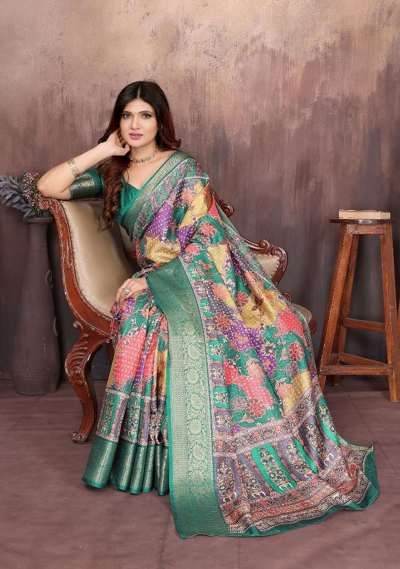 Green Digital Print Dola Saree Set - Indya