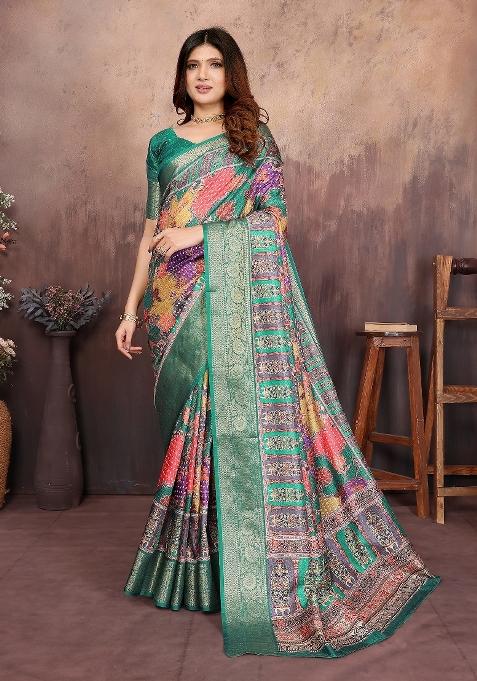 Green Digital Print Dola Saree Set