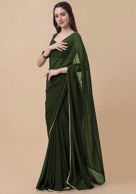 Dark Green Solid Georgette Sarees