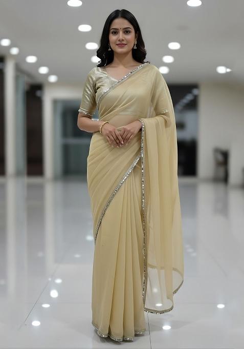 Beige Embellished Net Sarees