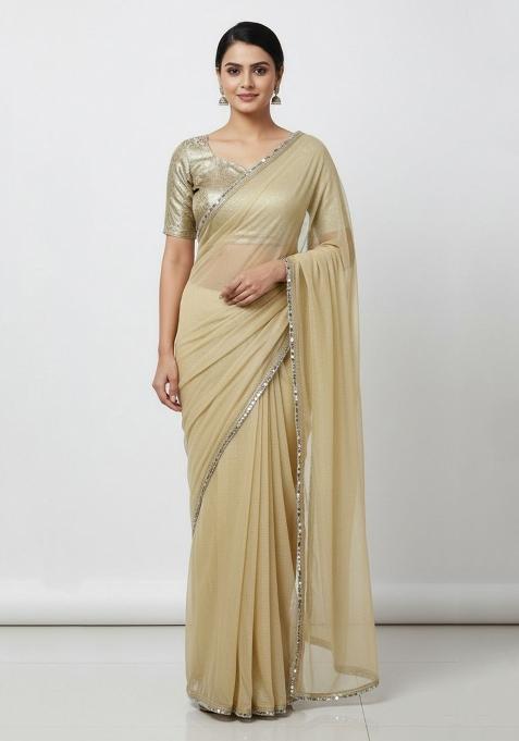 Beige Embellished Net Sarees