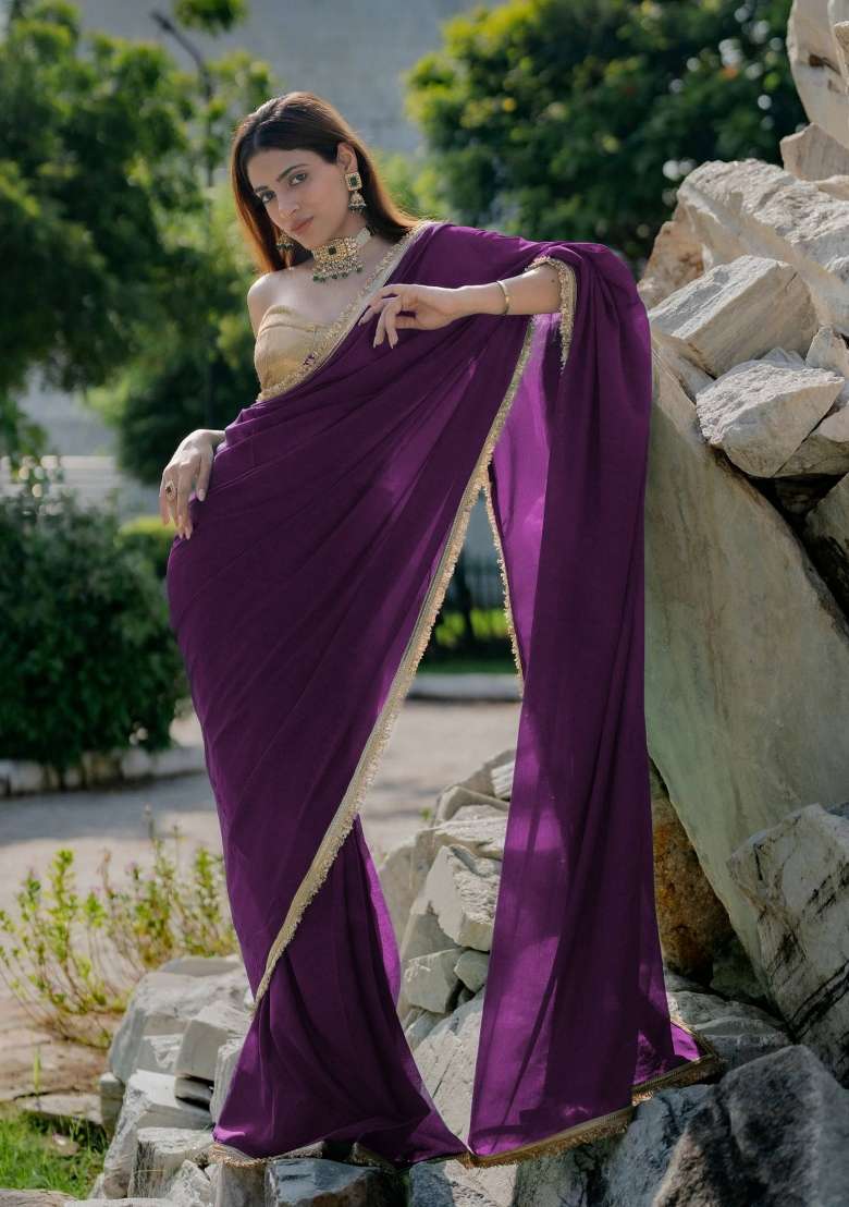 Purple Solid Georgette Sarees - Indya