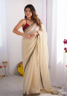Cream Solid Net Sarees