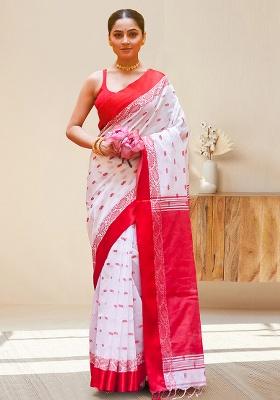 White Solid Cotton Saree Set