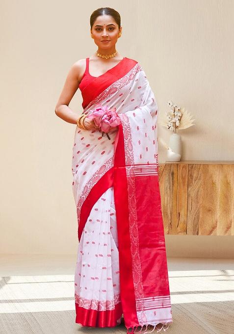White Solid Cotton Saree Set
