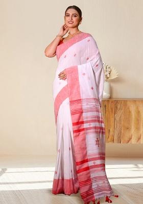 White Solid Cotton Saree Set