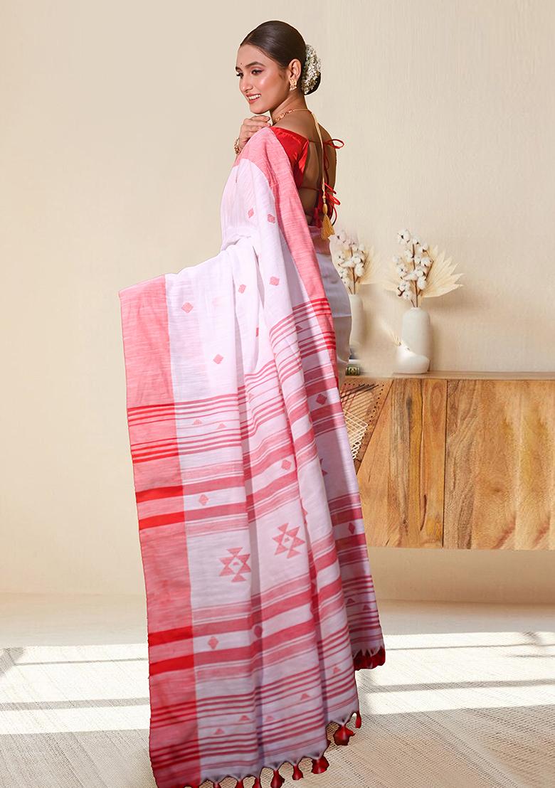 White Solid Cotton Saree Set - Indya