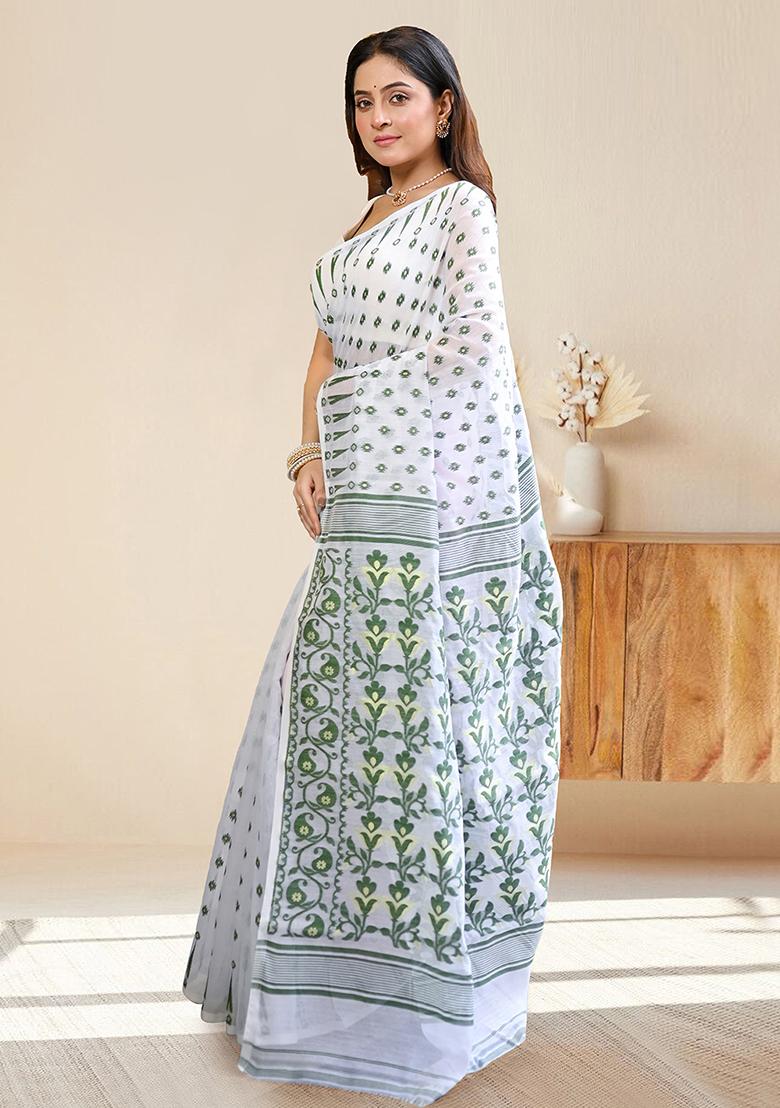 White Woven Cotton Saree Set - Indya