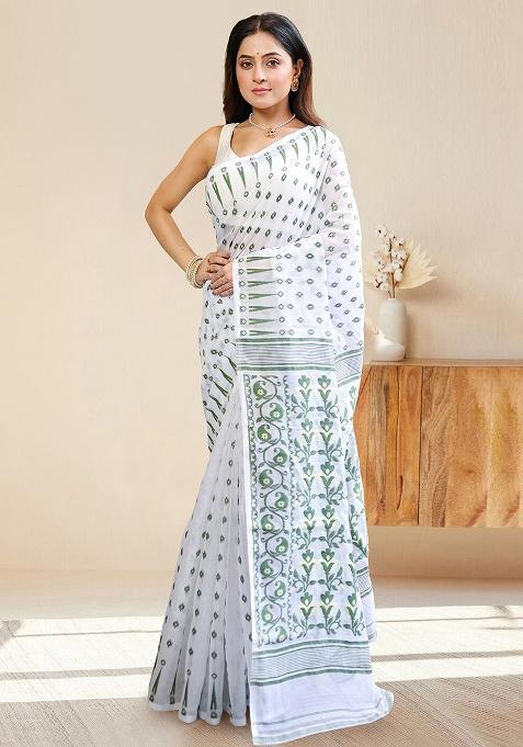 White Woven Cotton Saree Set