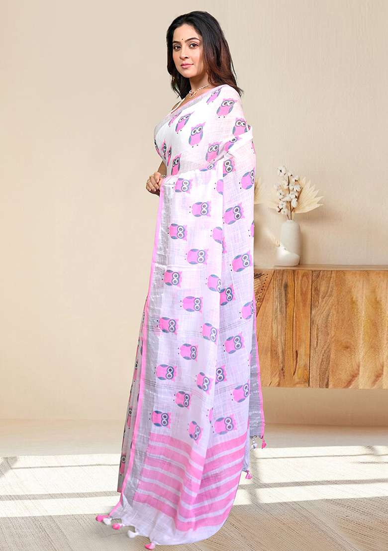 White Solid Linen Saree Set - Indya
