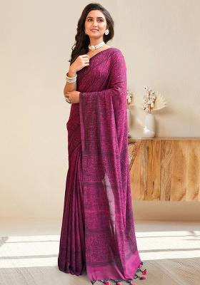 Pink Solid Cotton Saree Set