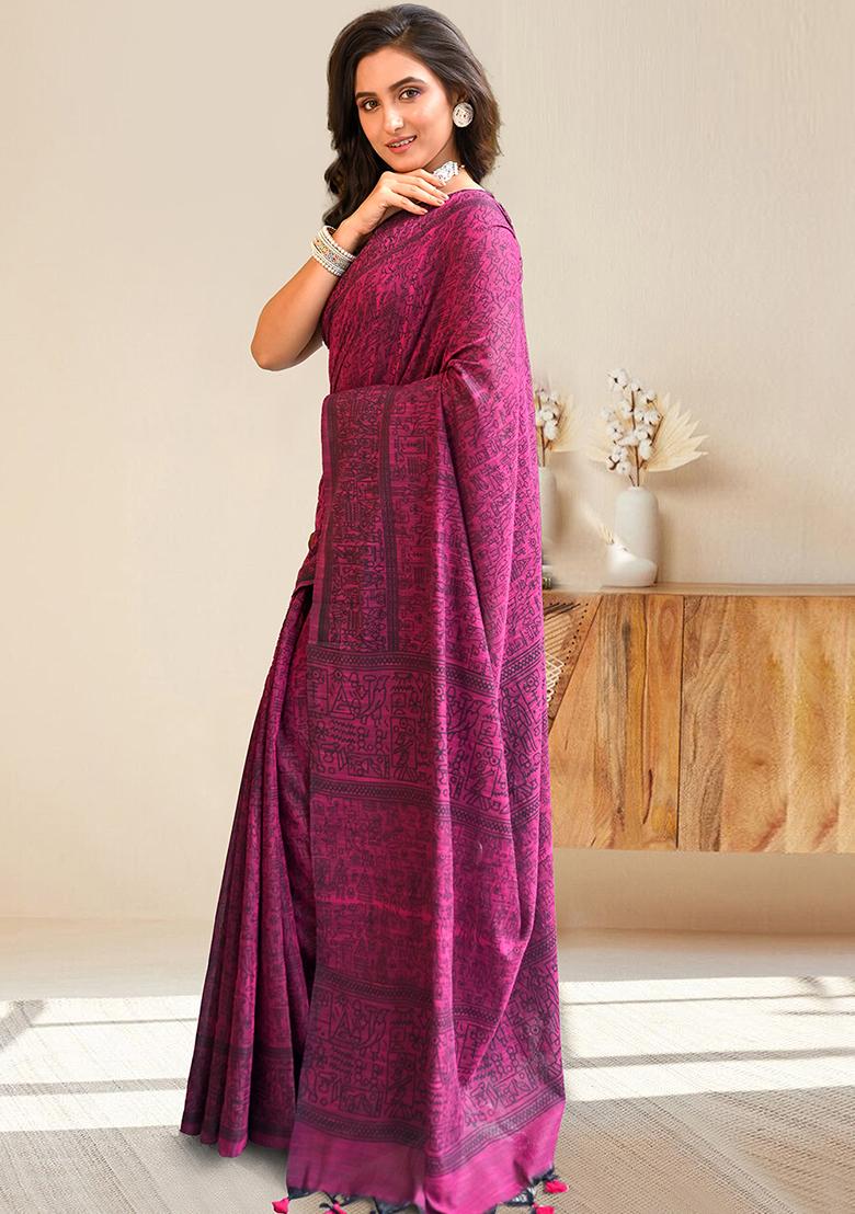 Pink Solid Cotton Saree Set - Indya
