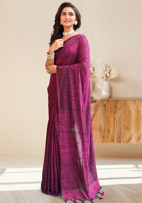Pink Solid Cotton Saree Set
