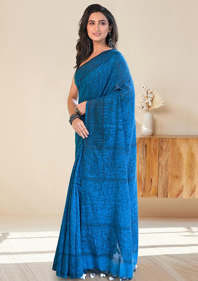 Blue Solid Cotton Saree Set - Indya