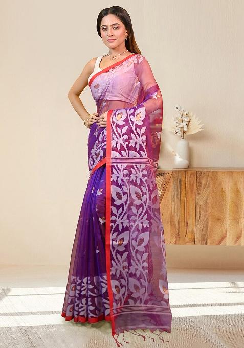 Purple Woven Silk Saree Set