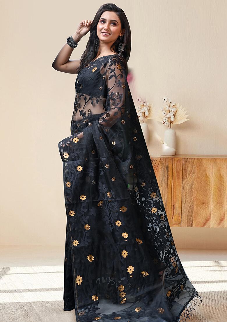 Black Woven Silk Saree Set - Indya