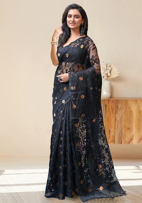 Black Woven Silk Saree Set