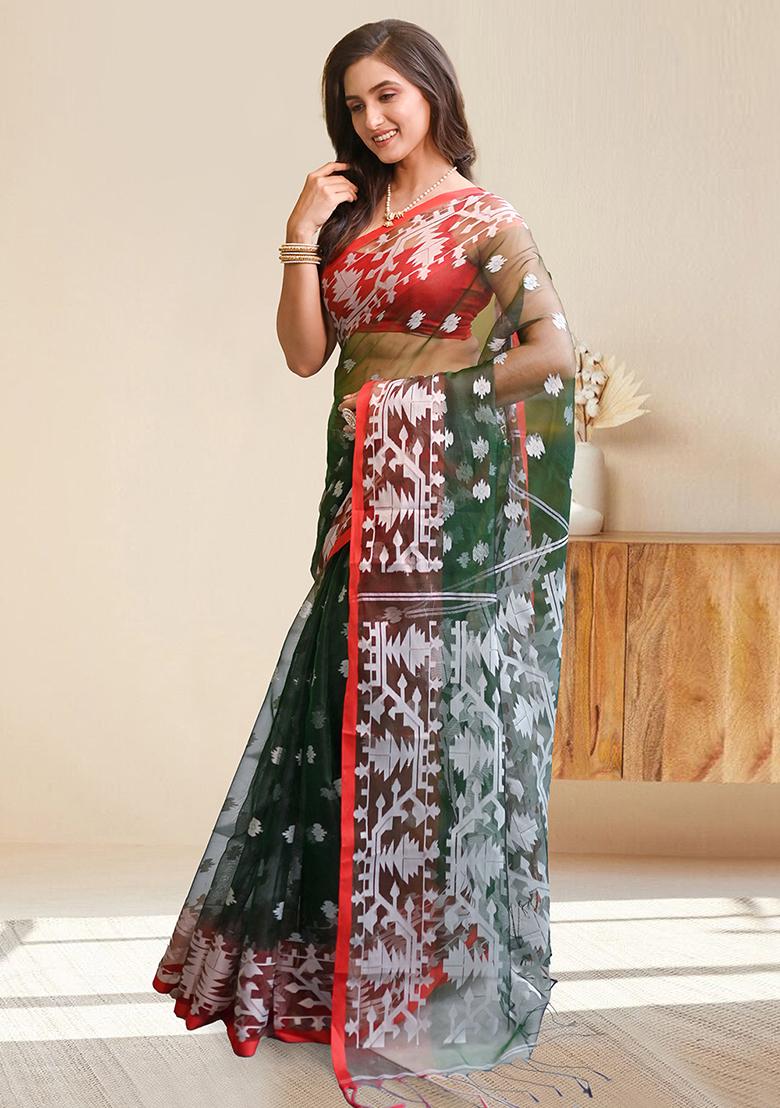 Green Woven Silk Saree Set - Indya