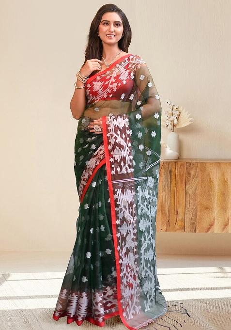 Green Woven Silk Saree Set