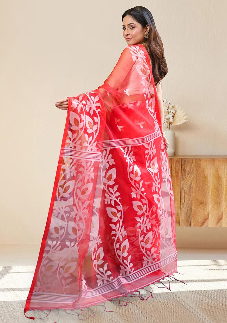 Red Woven Silk Saree Set - Indya