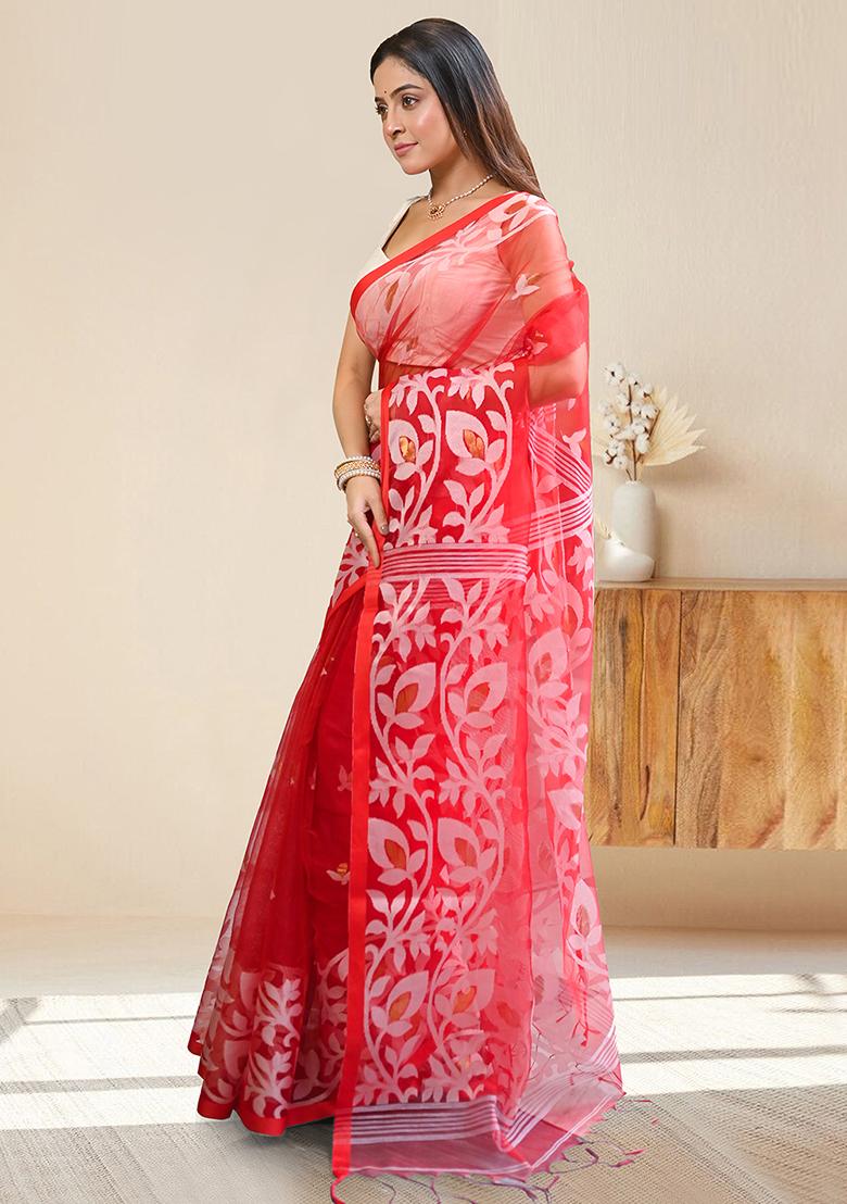 Red Woven Silk Saree Set - Indya