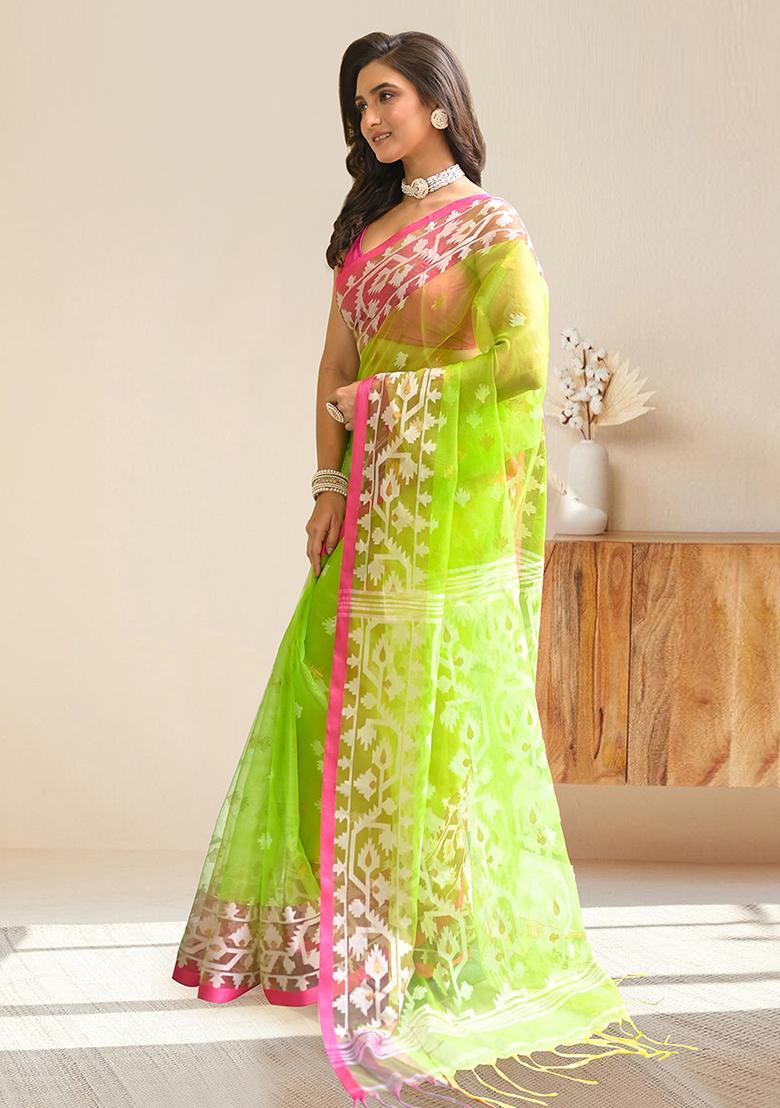 Green Woven Silk Saree Set - Indya