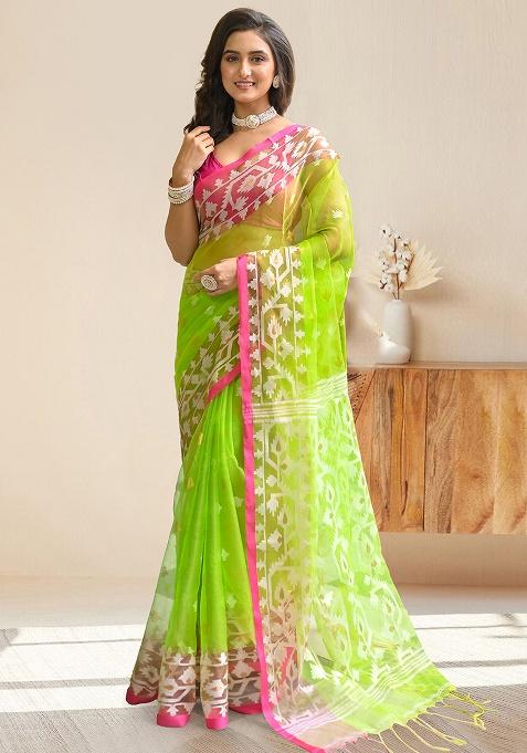 Green Woven Silk Saree Set