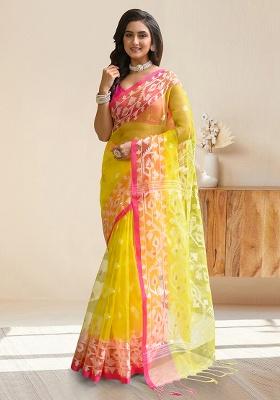 Yellow Woven Silk Saree Set