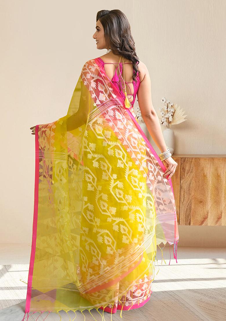 Yellow Woven Silk Saree Set - Indya