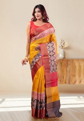Yellow Block Print Silk Saree Set