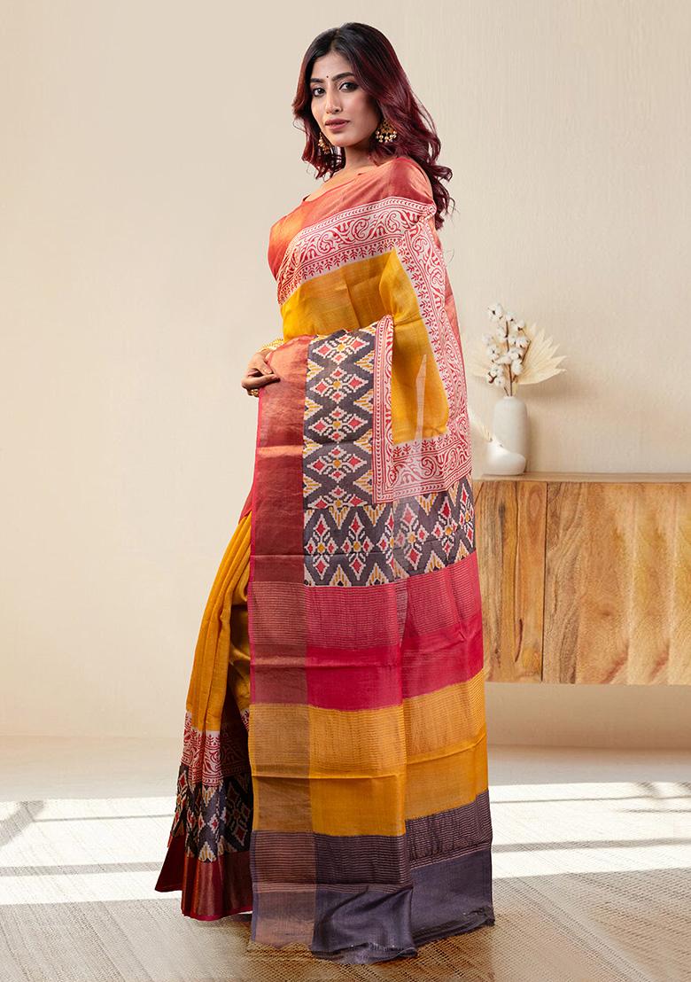 Yellow Block Print Silk Saree Set - Indya