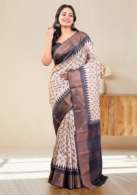White Block Print Silk Saree Set