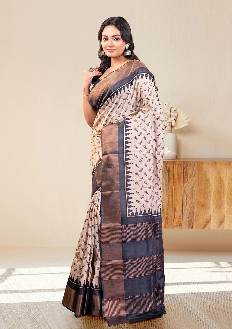 White Block Print Silk Saree Set - Indya