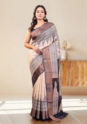 White Block Print Silk Saree Set