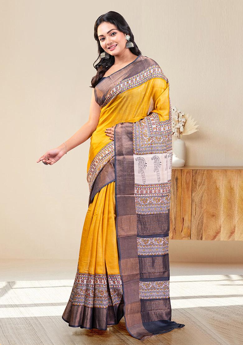 Yellow Block Print Silk Saree Set - Indya