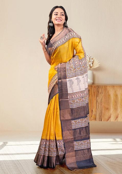 Yellow Block Print Silk Saree Set