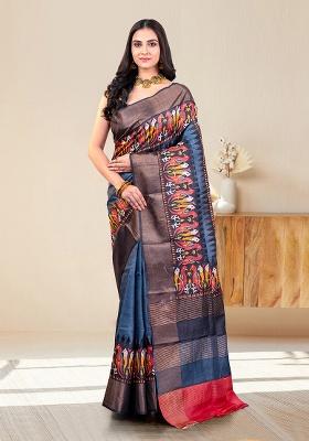Gray Block Print Silk Saree Set